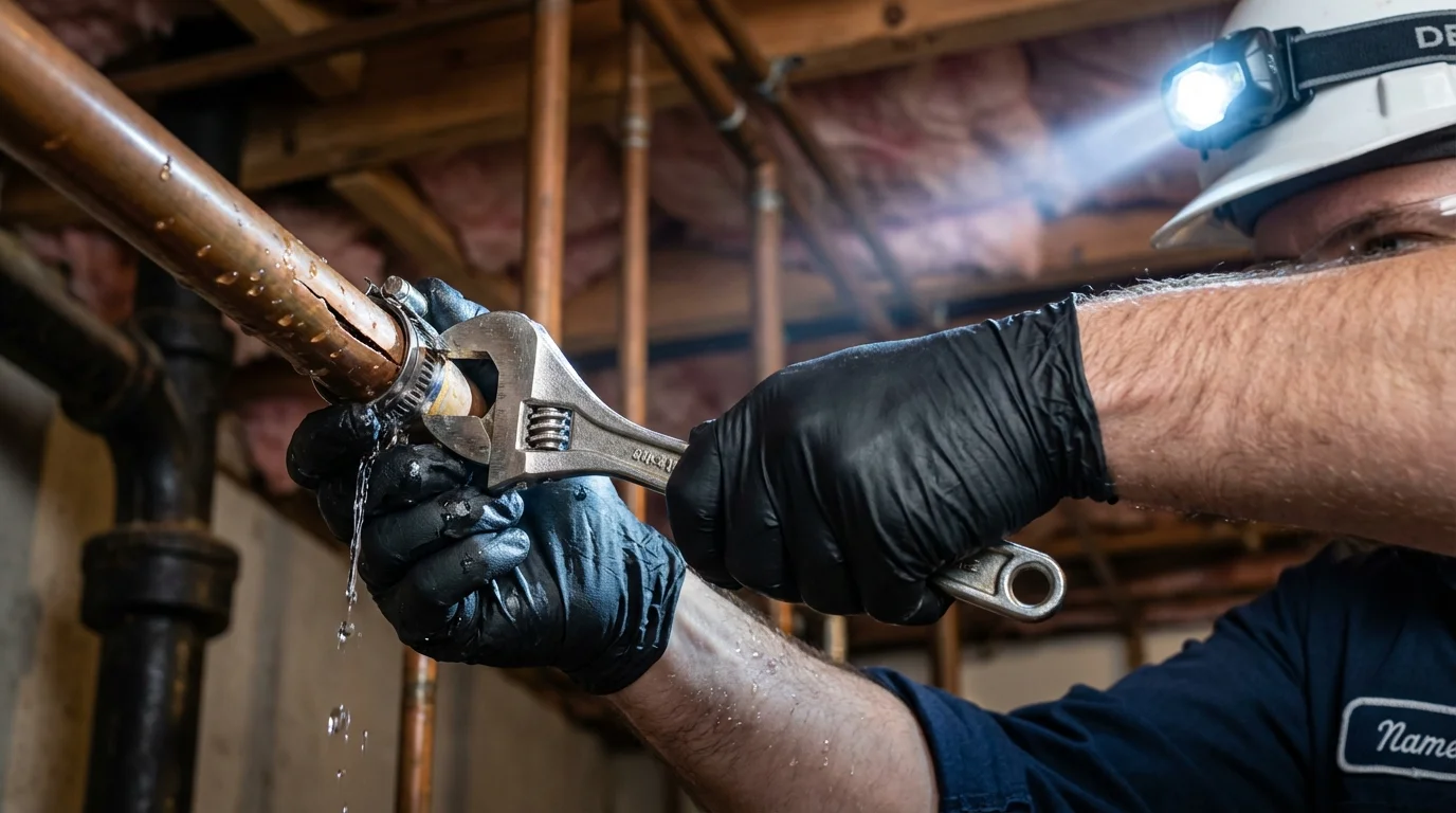 Emergency pipe clamp repair being performed by a Johns Plumbing LLC plumber in Brigham City