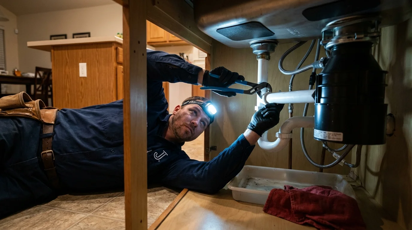 P-trap and supply line connections under a kitchen sink showing a common leak point in Brigham City, UT